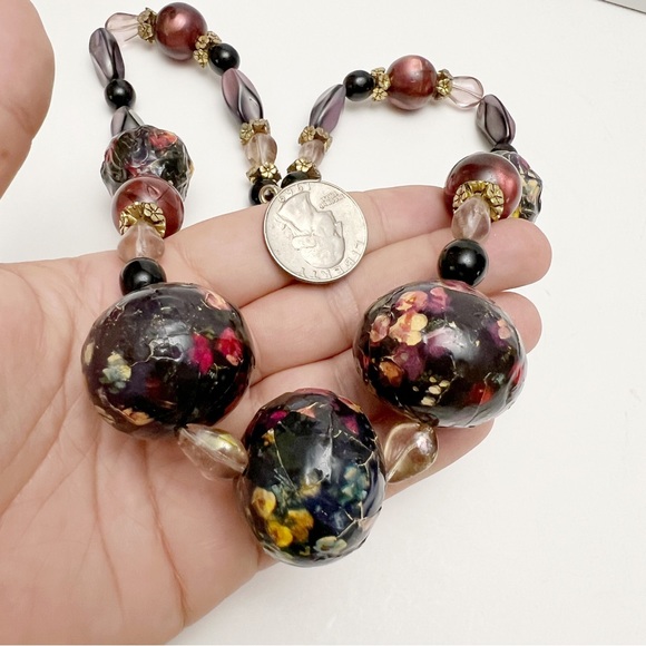 Vintage Black Purple Floral Glass Papier-mâché Beaded Funky Necklace Handmade - Picture 2 of 6